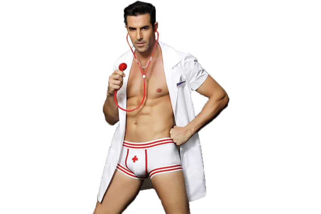 A man dressed as a doctor in a white robe and red underwear